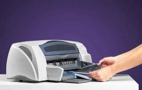 Printer and computer. Office table Stock Photos