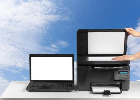 Printer and computer. Office table Stock Photos