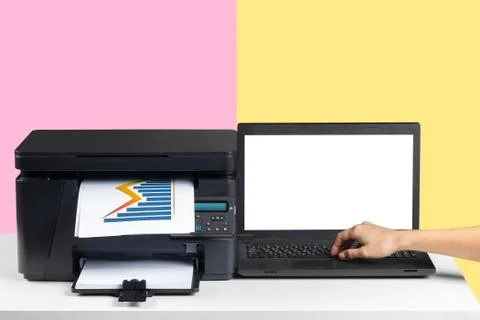 Printer and computer. Office table Stock Photos