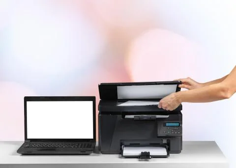 Printer and computer. Office table Stock Photos