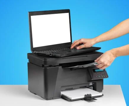 Printer and computer. Office table 스톡 사진