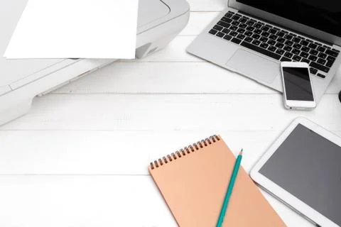 Printer and computer. Office table. Top view. Stock Photos