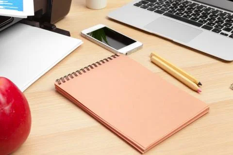 Printer and computer. Office table. Top view. Stock Photos