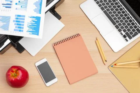 Printer and computer. Office table. Top view. Stock Photos