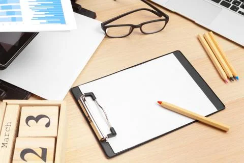 Printer and computer. Office table. Top view. 스톡 사진