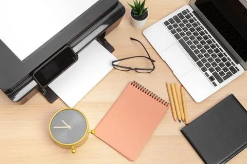 Printer and computer. Office table. Top view. Stock Photos