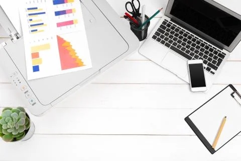 Printer and computer. Office table. Top view. Stock Photos