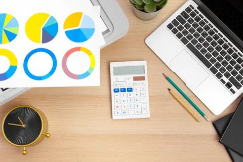 Printer and computer. Office table. Top view. Stock Photos