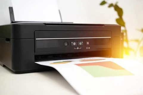 Printer and computer. Office table 스톡 사진