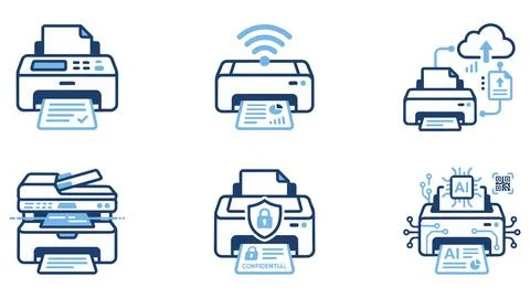 Printer and digital document processing icon set with printing, document Stock Illustration