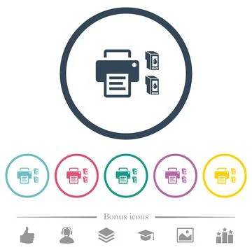Printer and ink cartridges flat color icons in round outlines Stock Illustration