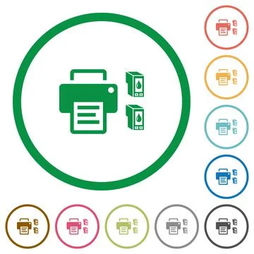 Printer and ink cartridges flat icons with outlines Illustrazione stock