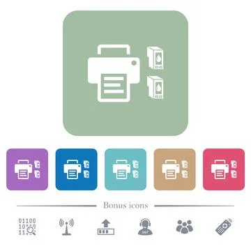 Printer and ink cartridges flat icons on color rounded square backgrounds Illustrazione stock