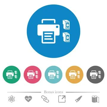 Printer and ink cartridges flat round icons Illustrazione stock