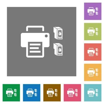 Printer and ink cartridges square flat icons Illustrazione stock