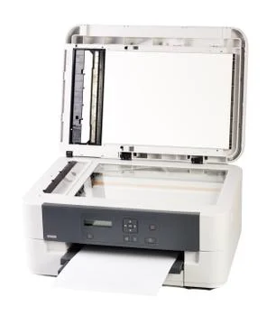 Printer and paper isolated on white background Stock Photos