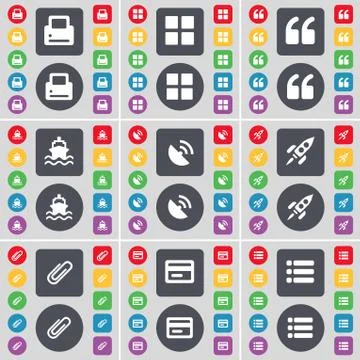 Printer, Apps, Quotation mark, Ship, Satellite dish, Rocket, Clip, Credit card, Illustrazione stock
