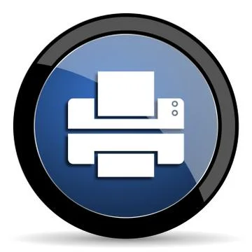 Printer blue circle glossy web icon on white background, round button for int Stock Illustration
