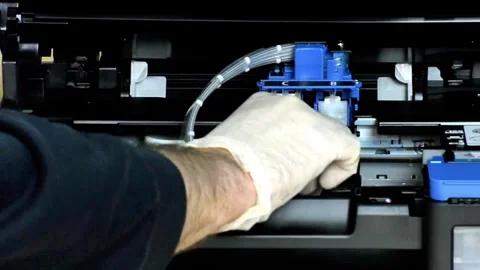 Printer Cartridge Replacement- Gloved Hand in Precision Motion Video stock 320385050