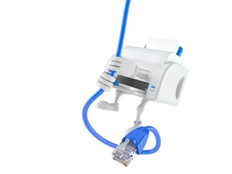 Printer character hanging on network cable Stock Illustration