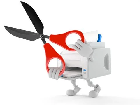 Printer character holding big scissors Stock Illustration