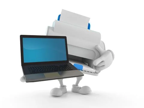 Printer character holding laptop Stock Illustration