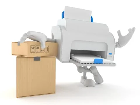 Printer character with stack of boxes Illustrazione stock