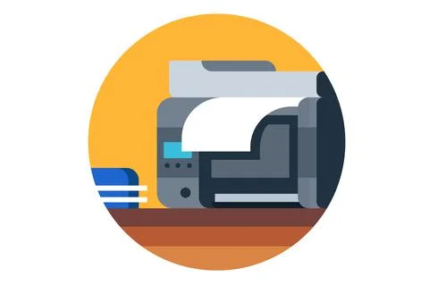 Printer with documents on a wood table Illustrazione stock