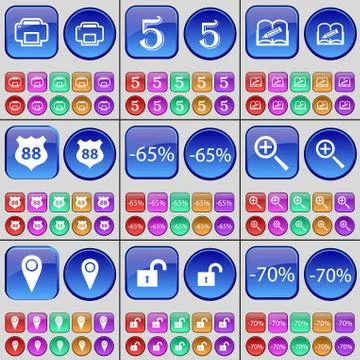 Printer, Five, Book, Route, Discount, Magnifying glass, Checkpoint, Lock. A larg Stock Illustration