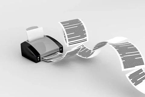 Printer with flying documents Printer with flying documents on gray backgr... Foto stock