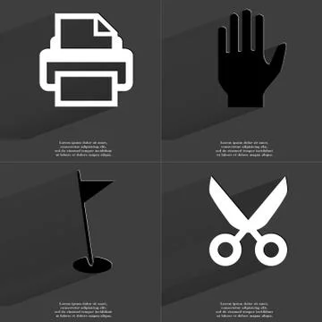 Printer, Hand, Golf hole, Scissors icon sign. Set of Symbols with Flat design Stock Illustration