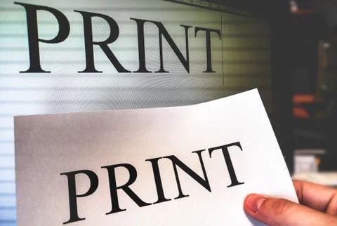 Printer hand hold a print sheet with word processor software screen on Stock Photos