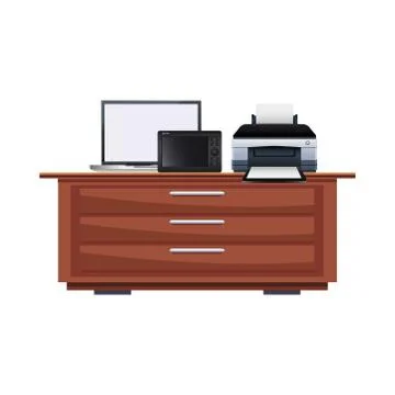 Printer hardware machine and camera photographic with laptop in wooden drawer Stock Illustration