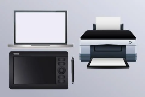Printer hardware machine with camera and laptop Stock Illustration