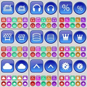 Printer, Headphones, Percent, Barrier, Database, Crown, Cloud, Arrow up, Gear. A 스톡 일러스트