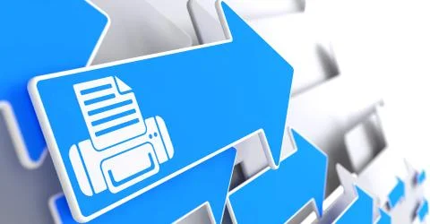 Printer Icon on Blue Arrow. Illustrazione stock