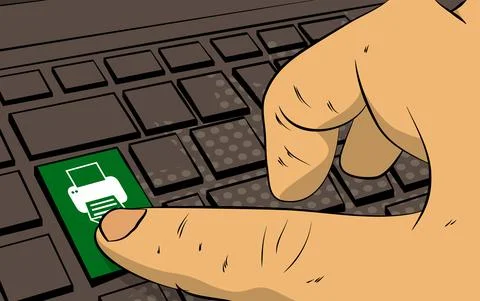 Printer icon on computer keyboard. Man push keypad on laptop. Comic book styl Stock Illustration