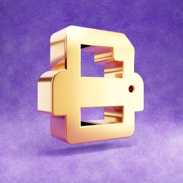 Printer icon. Gold glossy Printer symbol isolated on violet velvet background. Illustrazione stock