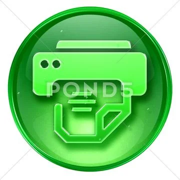 Printer icon green, isolated on white background. Stock Illustration