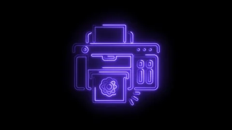 Printer icon with neon effect glowing purple outline against black background Stock Footage 330776789