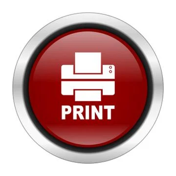 Printer icon, red round button isolated on white background, web design illus Stock Illustration