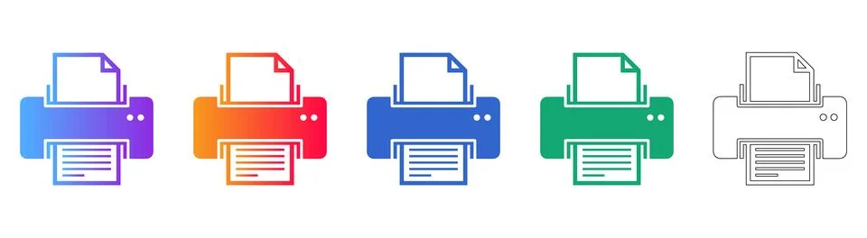 Printer Icon Set with Document Page and Gradient Finishes Illustrazione stock