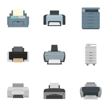 Printer icon set, flat style Stock Illustration