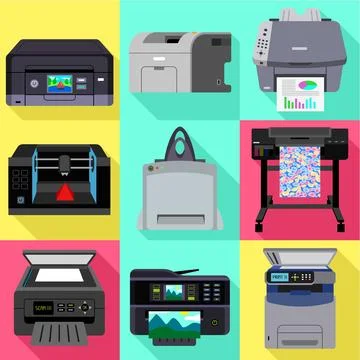 Printer icon set, flat style Stock Illustration