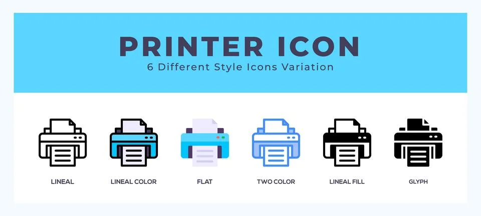 Printer icon set. outline. glyph black. flat color and filled line color Illustrazione stock