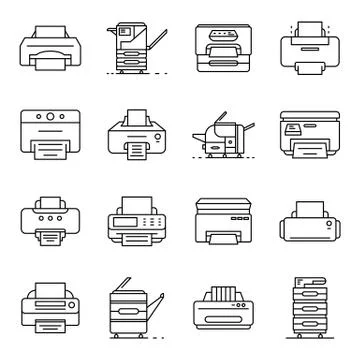 Printer icon set, outline style Stock Illustration