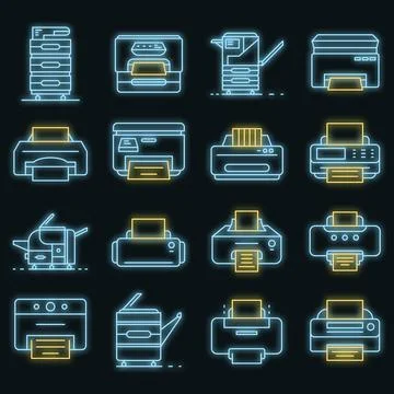 Printer icon set vector neon Stock Illustration