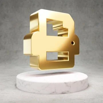 Printer icon. Shiny golden Printer symbol on white marble podium. Stock Illustration