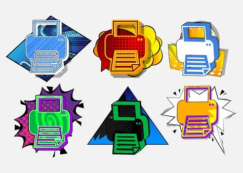 Printer icon, sign. Comic book word symbol on abstract comics background. Ret Illustrazione stock