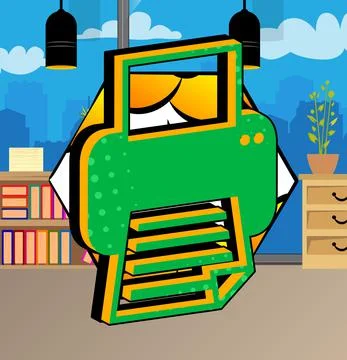 Printer icon, sign. Comic book word symbol on abstract comics background. Ret Stock Illustration